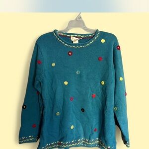Susan Bristol Teal Sweater with Multicolor Accents
